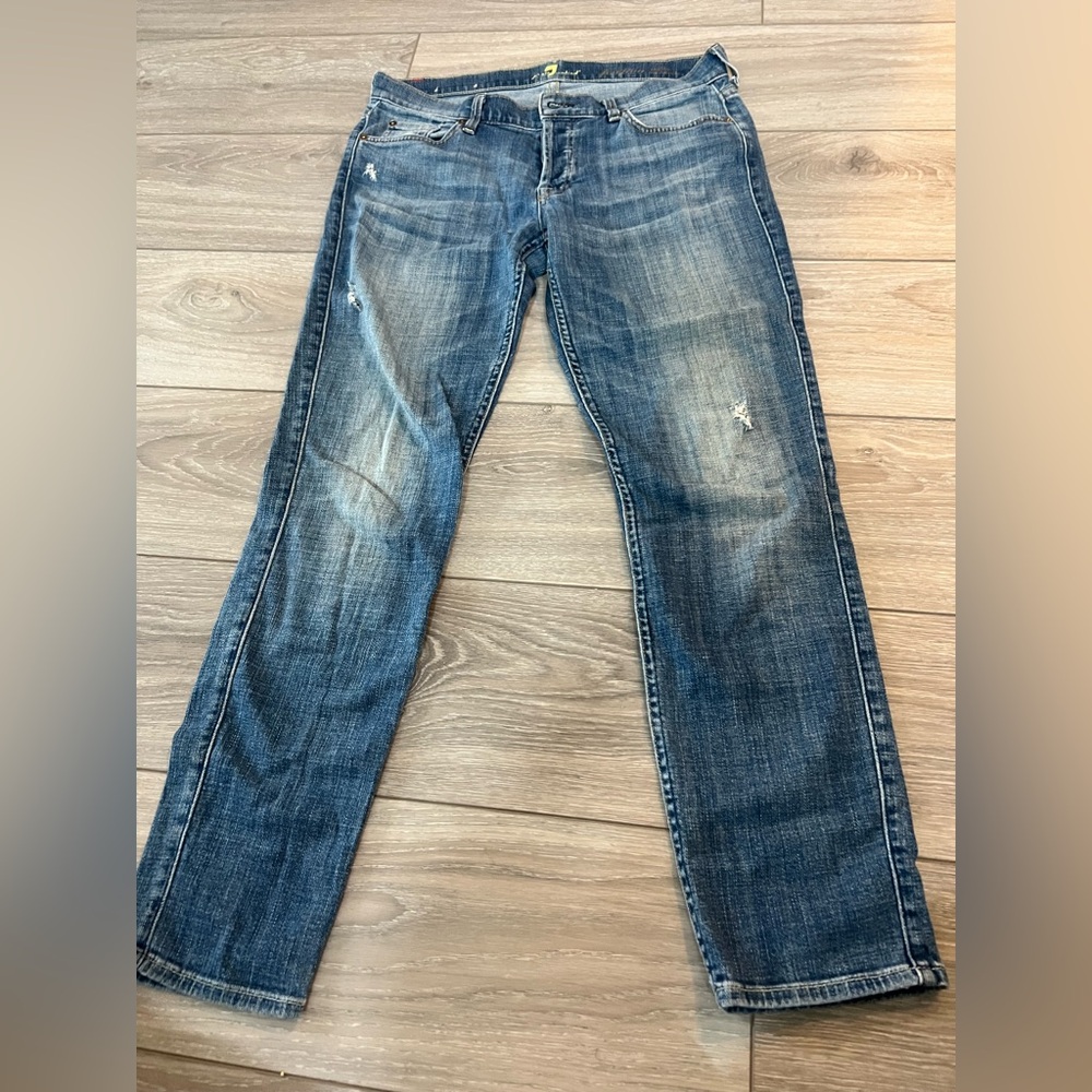 7 For All Mankind Women's Slim Straight Distressed Medium Blue Jeans